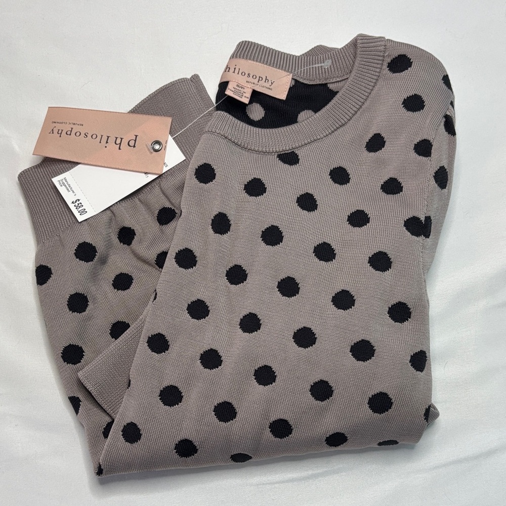 Philosophy Grey Crewneck Sweater with Black Polka Dots and Puff Sleeves - Picture 1 of 6